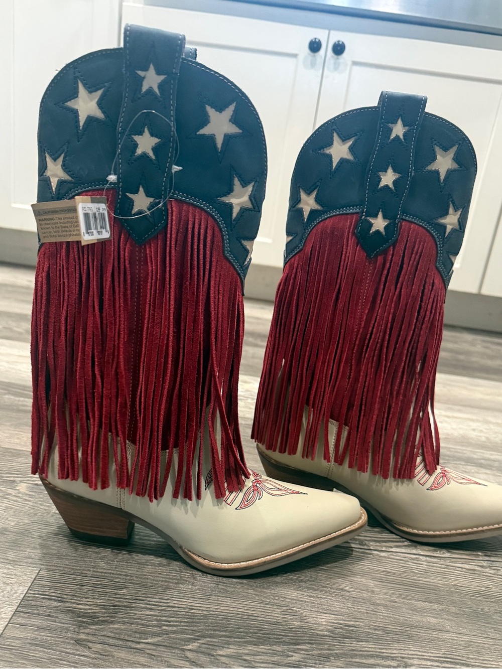 dingo Women's Fringe patriotic Western Boots in Black, Red & Cream